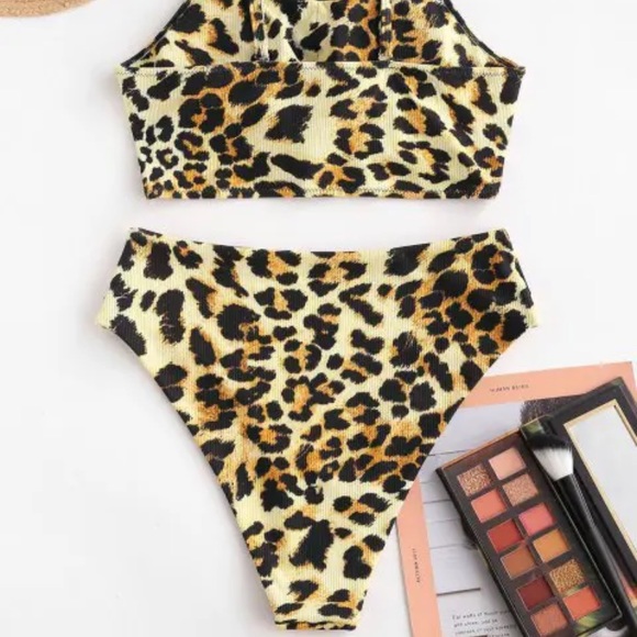 ZAFUL Leopard Knotted Ribbed High Waisted Tankini Swimwear - L NEVER WORN - Picture 2 of 6